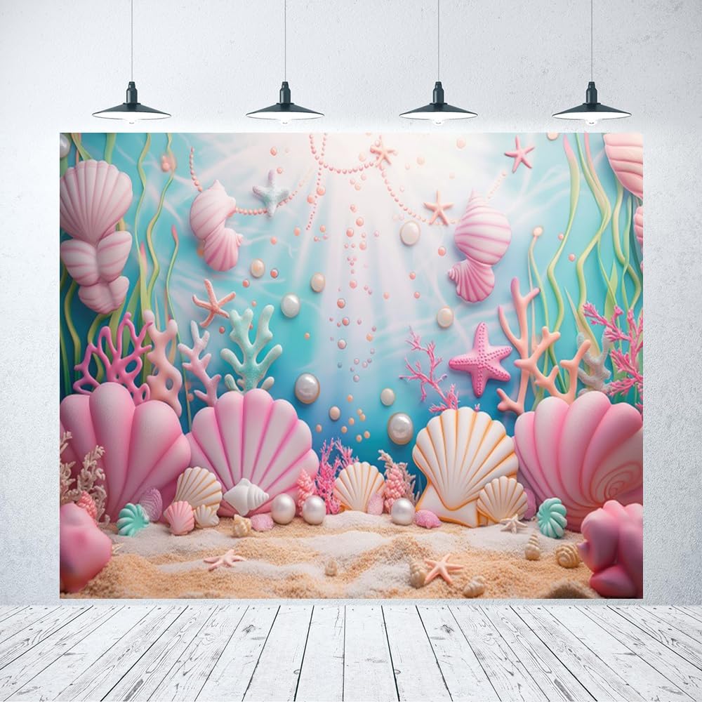 Photo 1 of 10x8ft Under The Sea Mermaid Backdrop Pink Starfish Shellfish Photography Background Underwater Seaweed Corals Portrait Banner Baby Shower Birthday Party Decorations Photo Props