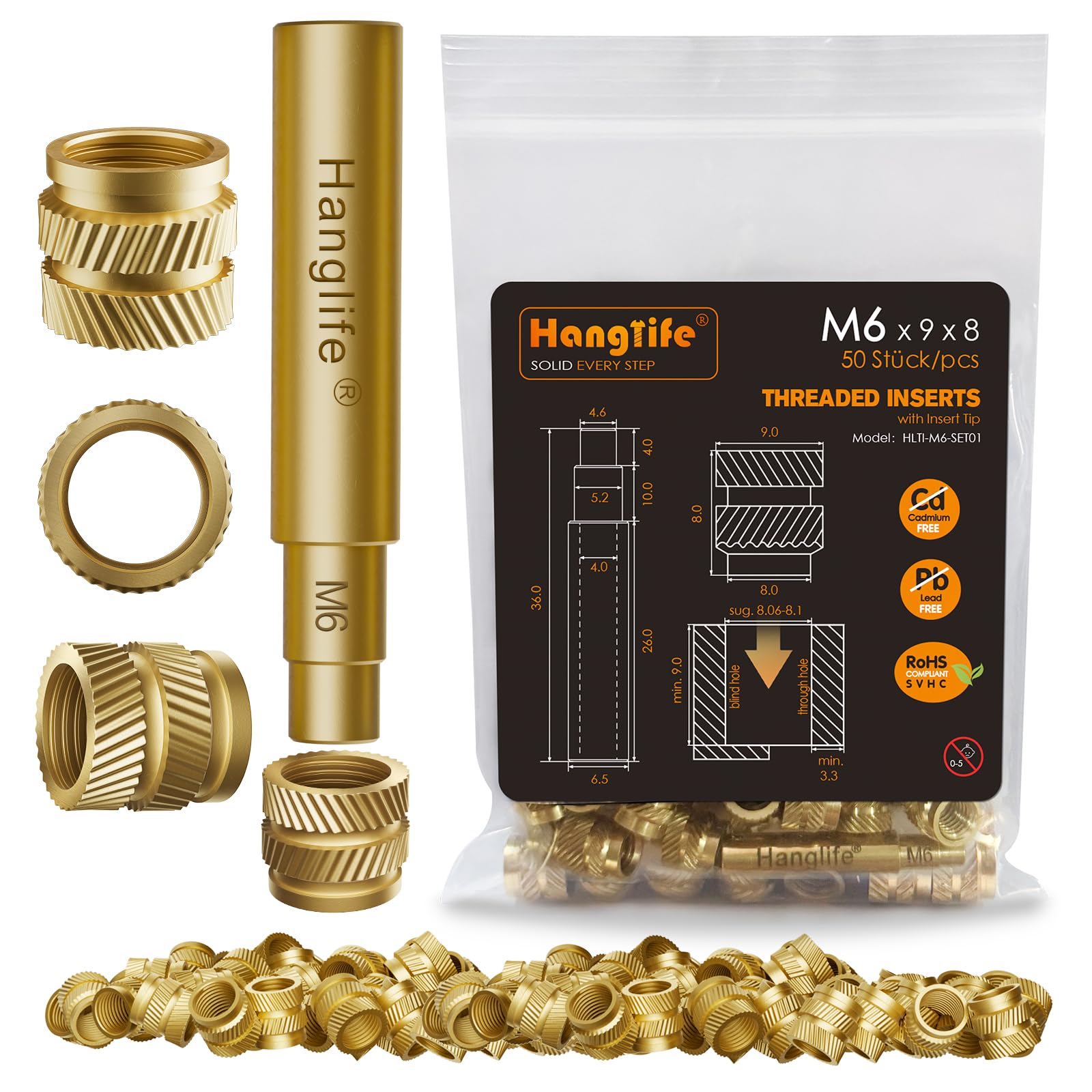 Photo 1 of HANGLIFE M6 Heat-Set Threaded Inserts with Insert Tip, Heat Set Insert for 3D Printing Components and Plastic Parts with Soldering Iron Press Tool - Brass Metric Knurled Nuts (50 Pieces)