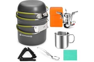 Odoland 8pcs Camping Cookware Mess Kit, Camping Pot and Pan Set with Mini Backpacking Stove, Stainless Steel Cup, Spork and T