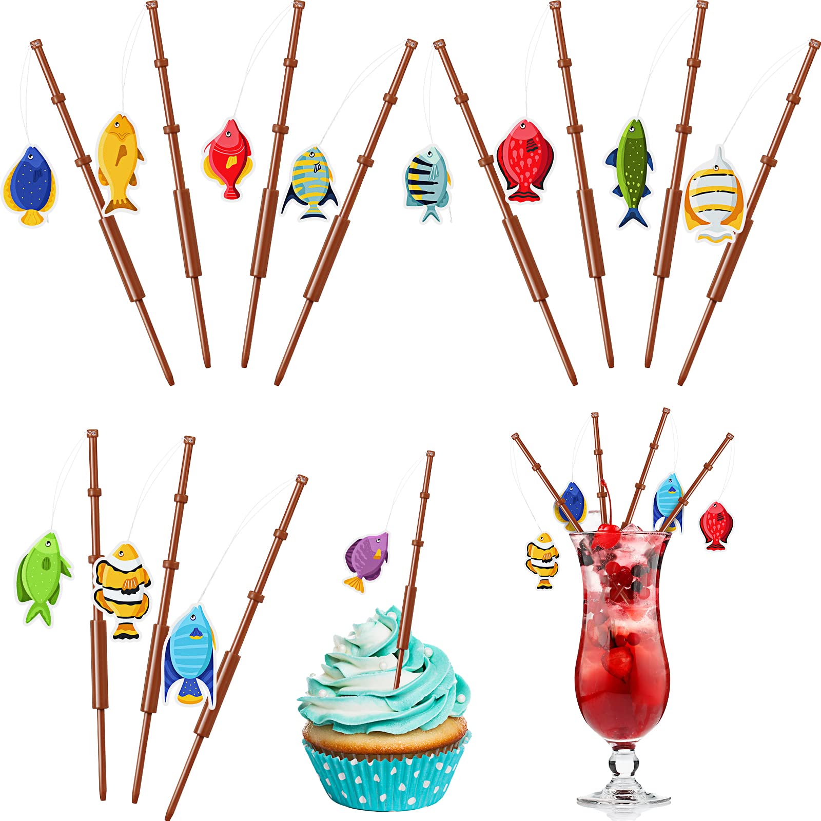 Photo 1 of Juinte 36 Pcs Fishing Birthday Party Decorations Fish Cupcake Pole Picks Fishing Themed Party Supplies Little Fisherman Tropical Appetizer Pick Cocktail Decoration for Tropical Cocktail Cake Decor