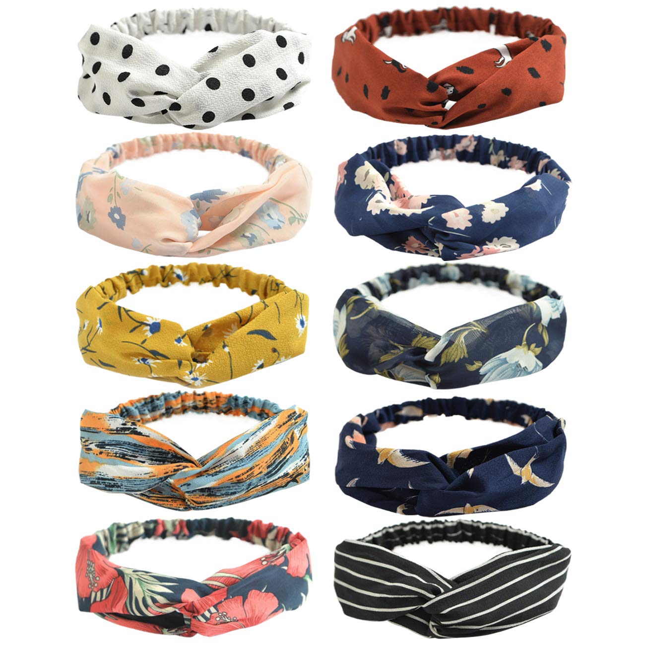 DRESHOW 10 Pack Women Headband Boho Floral Style Criss Cross Head Wrap Hair Band