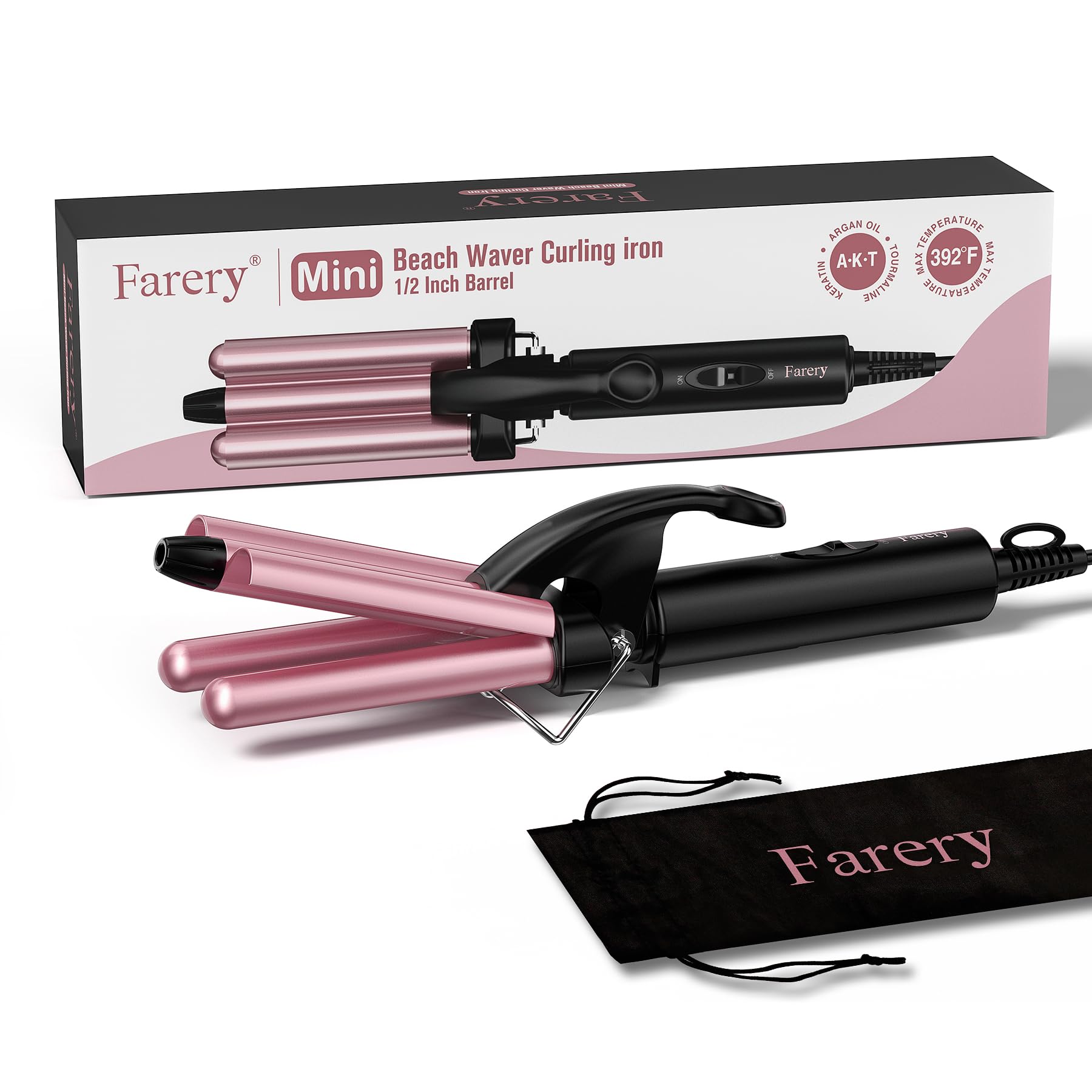 Mini Hair Crimper, 3 Barrel Curling Iron 1/2 Inch with Keratin & Argan Oil Infused, Travel Curling Iron with Dual Voltage, Pouch Bag, Beach Waves for Women, Rose Pink, HAIR IRON