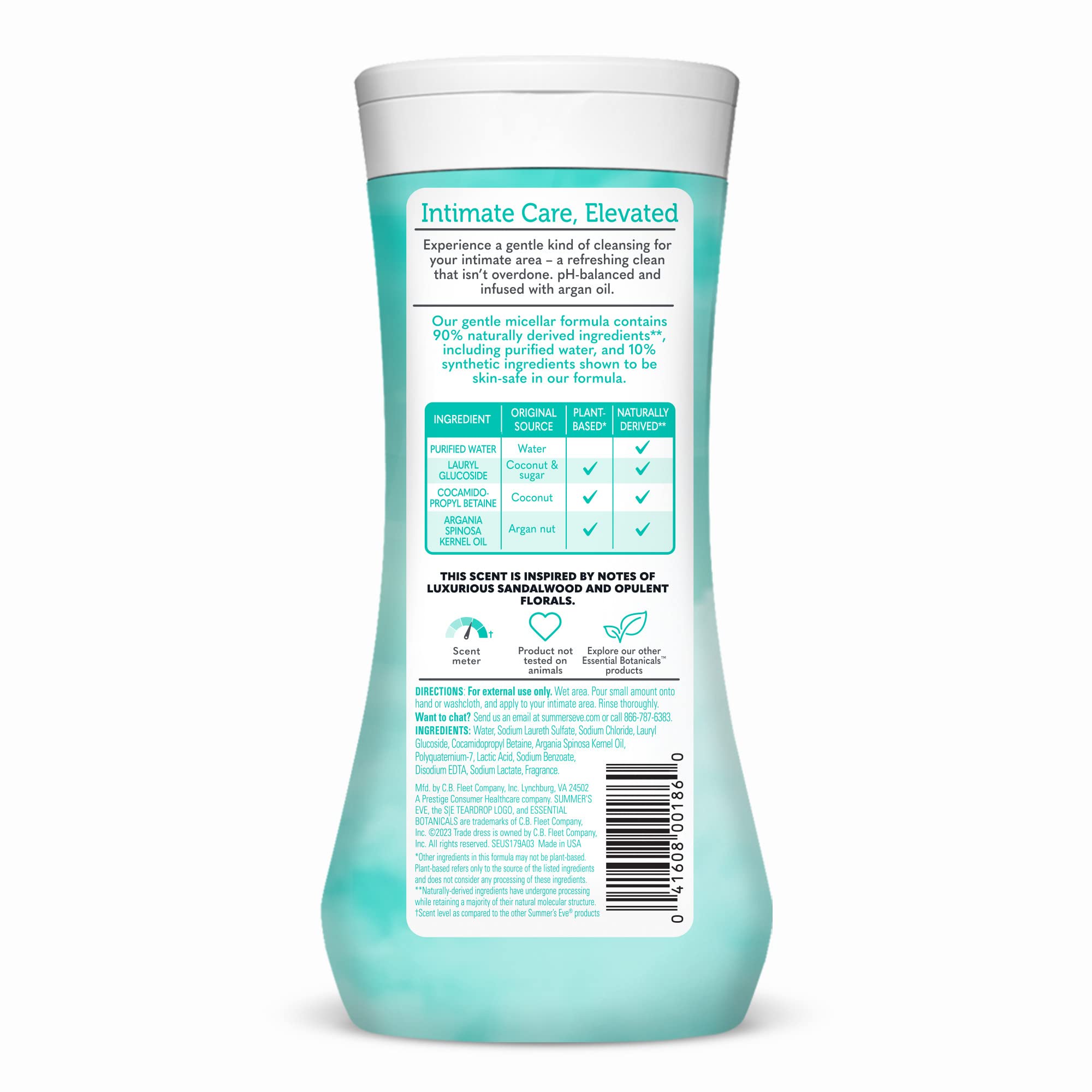 Summer's Eve Essential Botanicals All-Over Daily Feminine Wash with Argan Oil, Gentle pH-Balanced Body Wash for Women, Removes Vaginal Odor and Refreshes, 12 Fl Oz