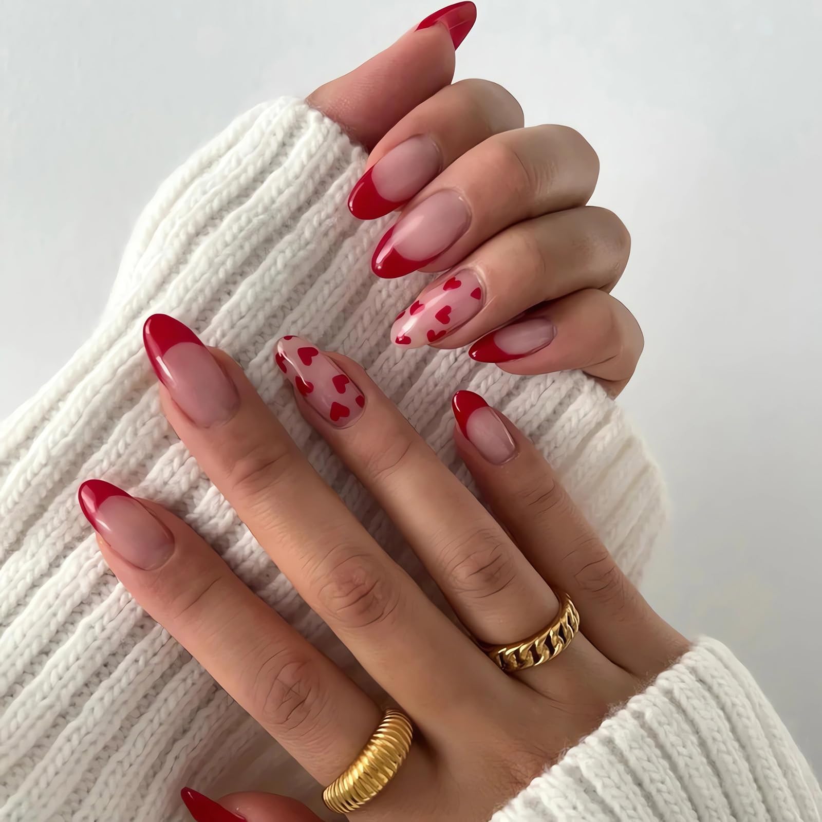 Red Valentines Press on Nails Heart Design Fake Nails Almond Shape Red French Tip Valentines Acrylic Nails Medium Length Glue on Nails Glossy Red Heart Stick on Nails for Women