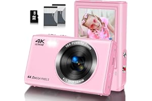 Digital Camera, Saneen FHD Kids Cameras for Photography, 4K 44MP Compact Point and Shoot Camera for Kids, Teens & Beginners with 32GB SD Card,16X Digital Zoom, 2 Rechargeable Batteries-Pink