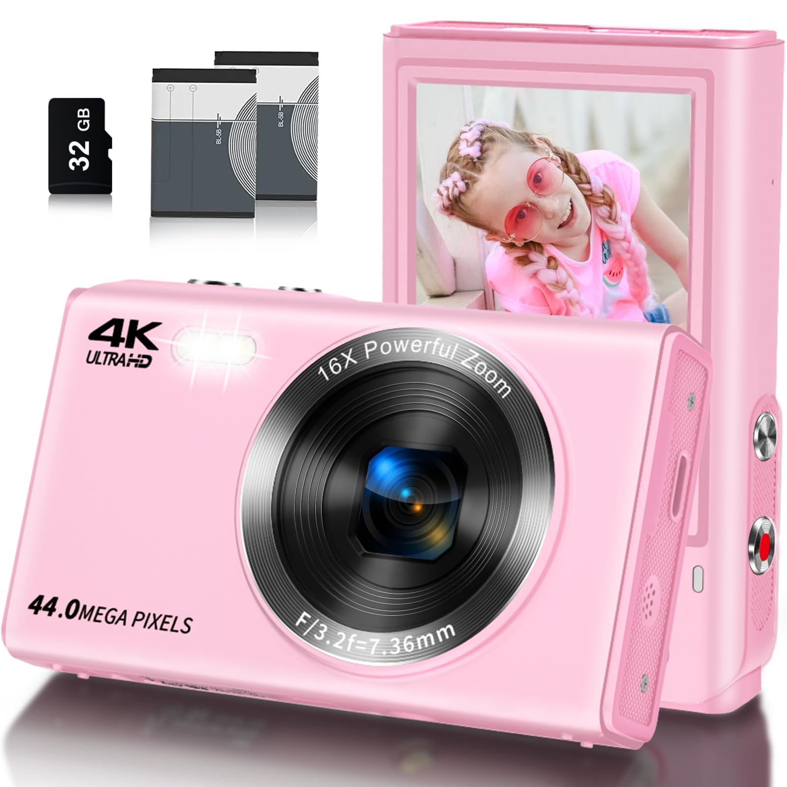 Digital Camera, Saneen FHD Kids Cameras for Photography, 4K 44MP Compact Point and Shoot Camera for Kids, Teens & Beginners with 32GB Card,16X Digital Zoom, 2 Rechargeable Batteries-Pink