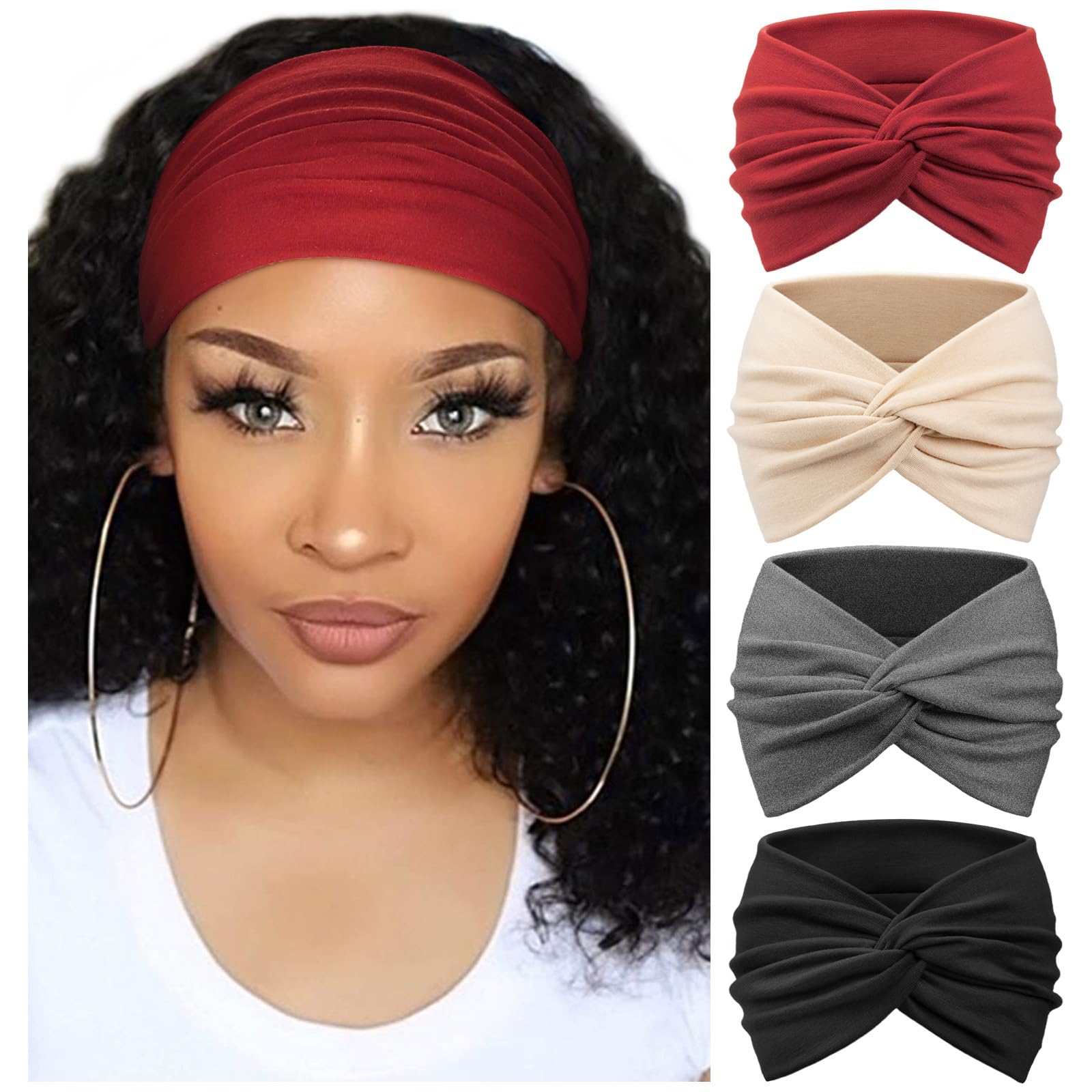 Photo 1 of DRESHOW 4 Pack Turban Headbands for Women Wide Vintage Head Wraps Knotted Cute Hair Band Accessories