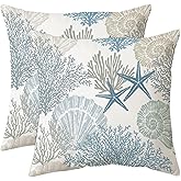 Tritard Nautical Coastal Throw Pillow Covers 18x18 Set of 2 Beach Themed Ocean Seashell Coral Starfish Velvet Couch Decorative Pillow Cases Outdoor Sofa Cushion Cover for Bedroom Living Room, Blue
