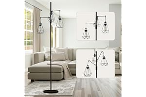 JuGuo 69'' Dimmable Farmhouse Floor Lamp with 3X9W Edison Bulbs, Industrial Vintage Tree Design & Adjustable Diamond Cages, Black Rustic Lighting for Living Room/Office
