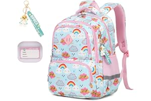 MUSEVOS Kids Backpack, Kawaii Printed Girls Boys Bookbags for Preschool, Lightweight School Backpack for Primary and Elementary and Kindergarten, Waterproof Teen Backpacks, Blue/Rainbow