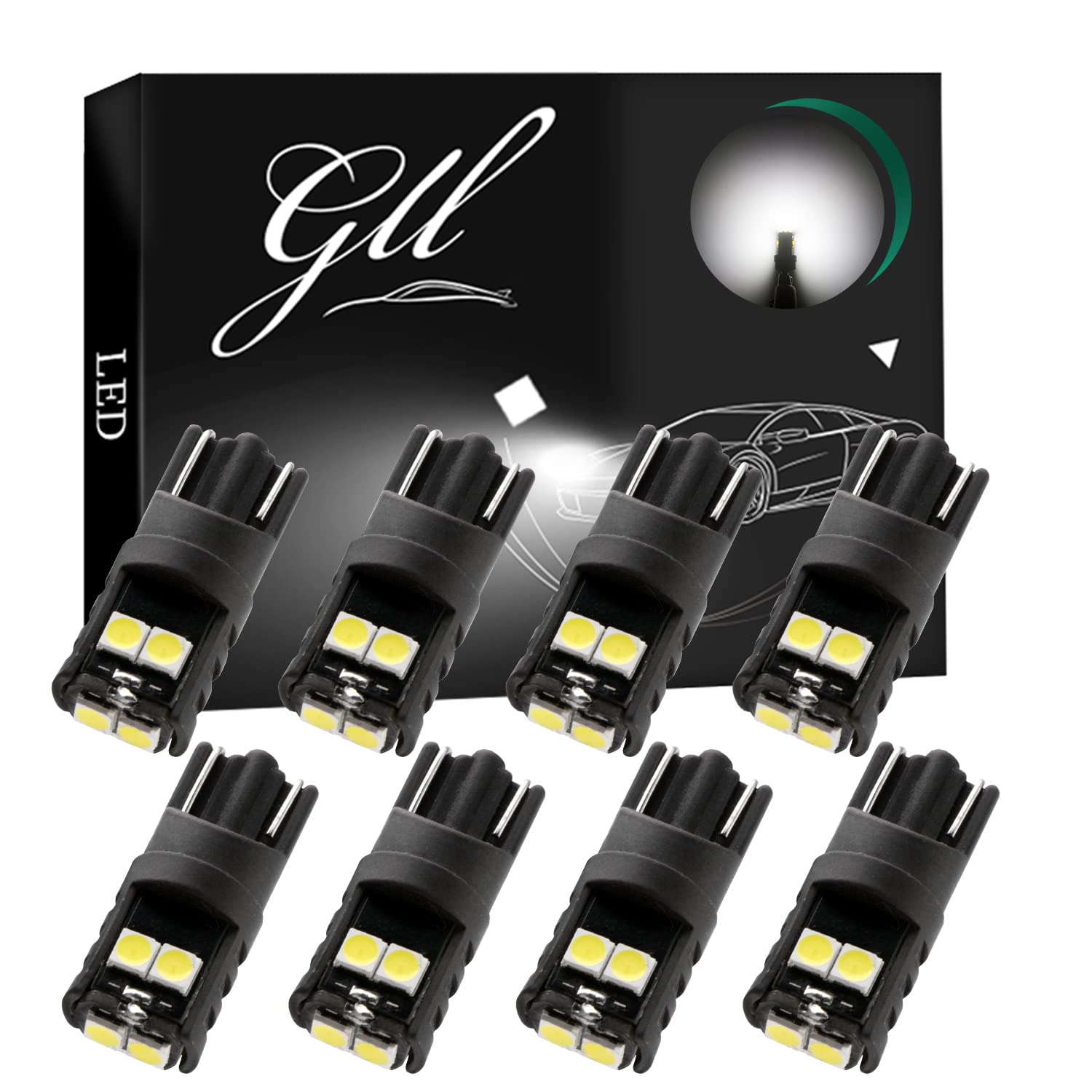 GLL 8PCS T10 LED Bulbs, White 501 W5W LED Bulbs 3030 6 SMD 220 Lumens Ceramic Body for Car Dome Lights Side Lights License Lights Trunk Lights