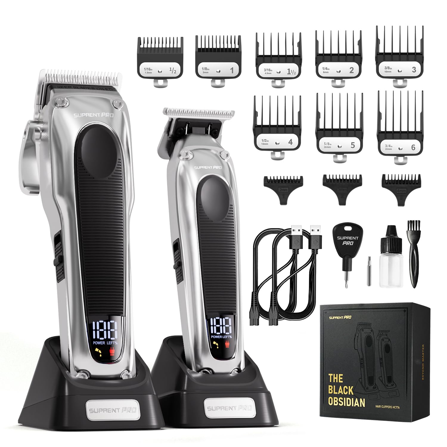 SUPRENT PRO Professional Hair Clippers for Men - High Torque Brushless Motor & DLC Coated Detachable Blade - Cordless Hair Trimmer Set for Barbers with Charging Base - Hair Clipper Kit Silver