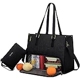 LOVEVOOK Lunch Tote Bag for Women, 15.6 Inch Laptop Bag with Insulated Lunch Compartment, Quilted Large Capacity Computer Handbag with Purse for Business, Work, Collage, Office, Casual, Jet Black