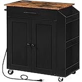 HOOBRO Kitchen Island with Power Outlet, Storage Island with Spice Rack and Drawer, Rolling Kitchen Cart on Wheels, for Home,