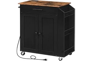 HOOBRO Kitchen Island with Power Outlet, Storage Island with Spice Rack and Drawer, Rolling Kitchen Cart on Wheels, for Home, Dining Room, Rustic Brown and Black