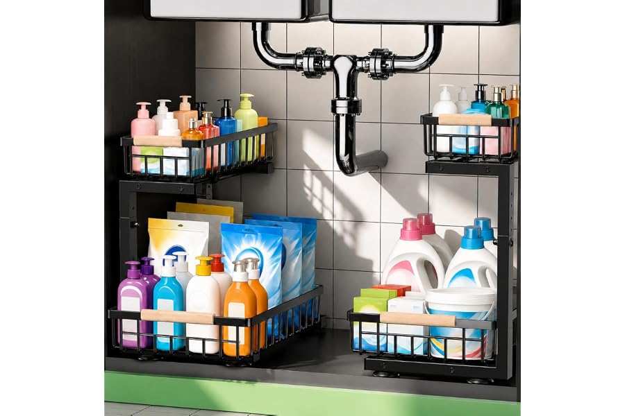 GeeBom Under Sink Organizer, Pull Out Kitchen Storage Cabinet Organizer, Adjustable 2-Tier Metal Slide Out Shelf Organizer for Bathroom Laundry Kitchen Storage with Sliding Drawers, Black, 2 Pack