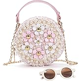 LJCTULY Girls Purse for Age 3-14, Flower Purse for Kids, Pink Little Girls Handbag Toddler Wallet with Round Glasses, Cute Toddler Crossbody Bag, Princess Handbag Gift for Christmas, Birthday