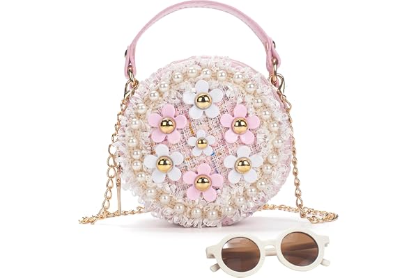 LJCTULY Girls Purse for Age 3-14, Flower Purse for Kids, Pink Little Girls Handbag Toddler Wallet with Round Glasses, Cute Toddler Crossbody Bag, Princess Handbag Gift for Christmas, Birthday
