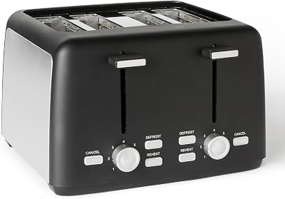 4-Scheiben Toaster mit 7 Bräunungsstufen, Extra Breite Schlitze, Brötchenaufsatz, Herausnehmbare Krümelschublade, 1500W, Schwarz