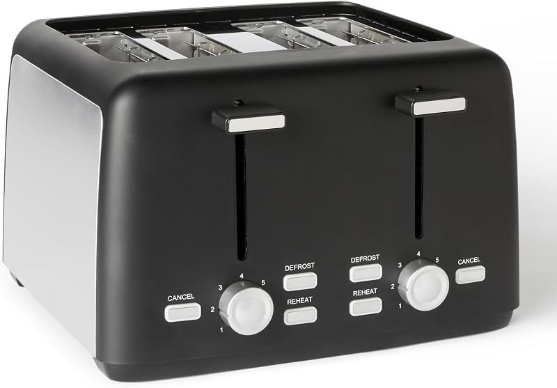 4-Scheiben Toaster mit 7 Bräunungsstufen, Extra Breite Schlitze, Brötchenaufsatz, Herausnehmbare Krümelschublade, 1500W, Schwarz
