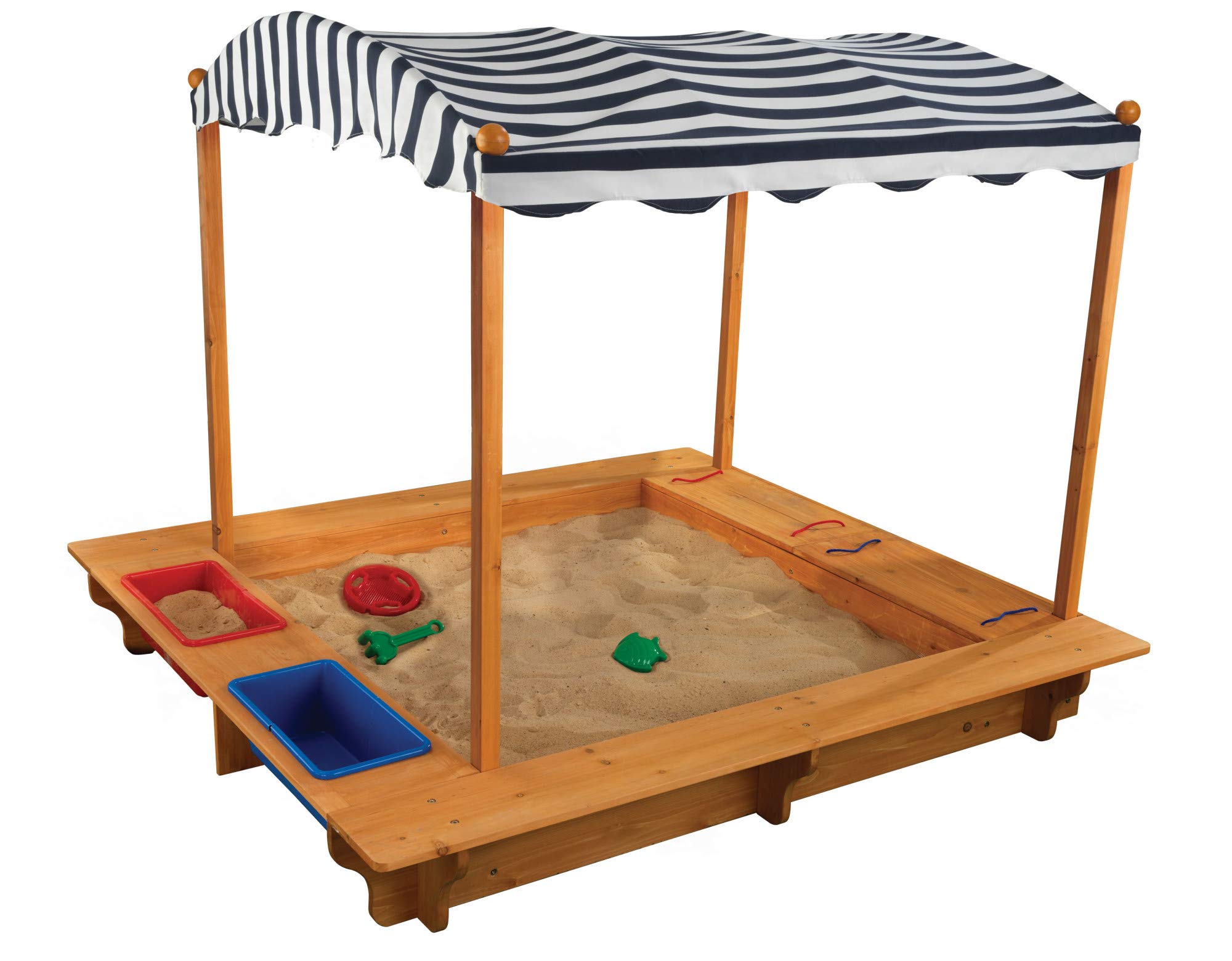Photo 1 of KidKraft Outdoor Covered Wooden Sandbox with Bins and Striped Canvas Canopy, Kids' Outdoor Furniture, Navy & White, Gift for Ages 2-8, Natural, 58.7 x 57.8 x 52, 00165