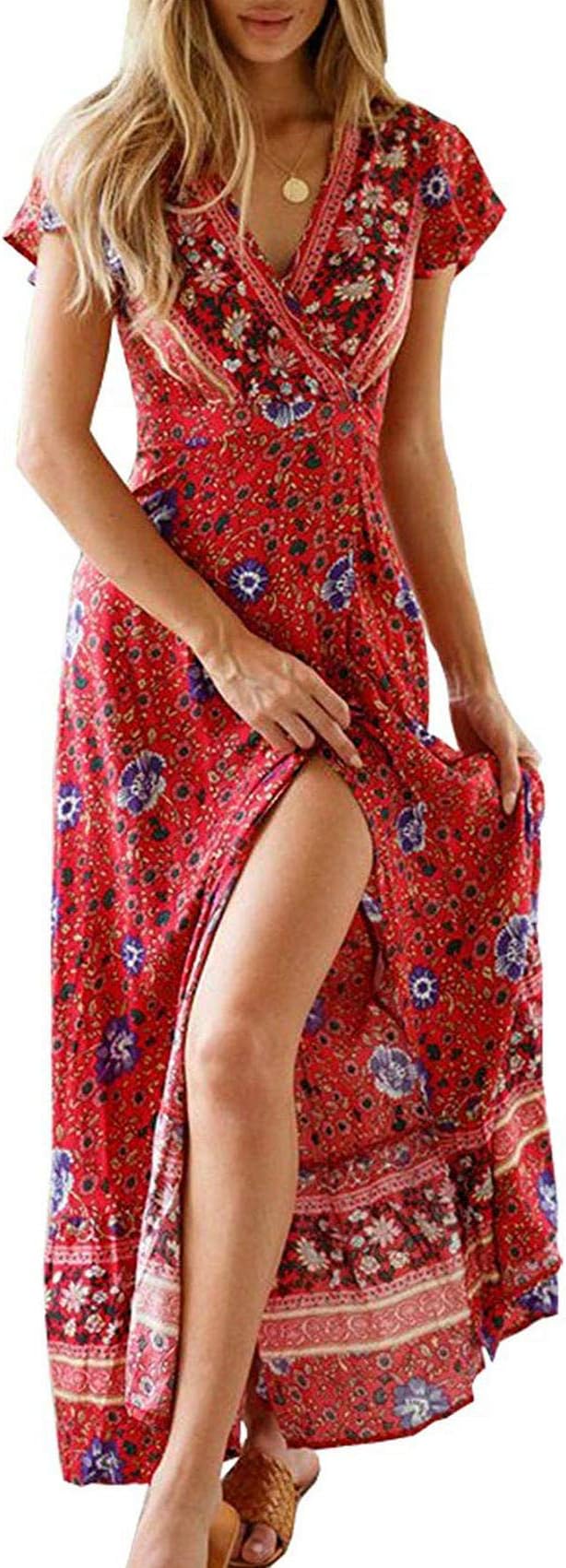 Kafadala Women's Summer Boho Maxi Dresses Casual V Neck Bohemian Floral Print Split Beach Long Maxi Dress