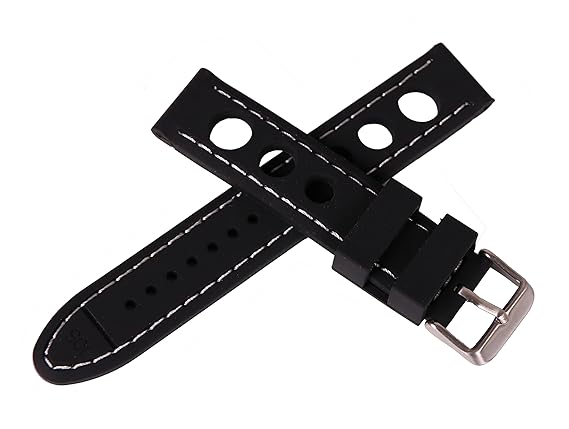 22mm Thick Black Rubber Watch Band Contrasting White Stitch Perforated Watch Wristband Rubber Race Style