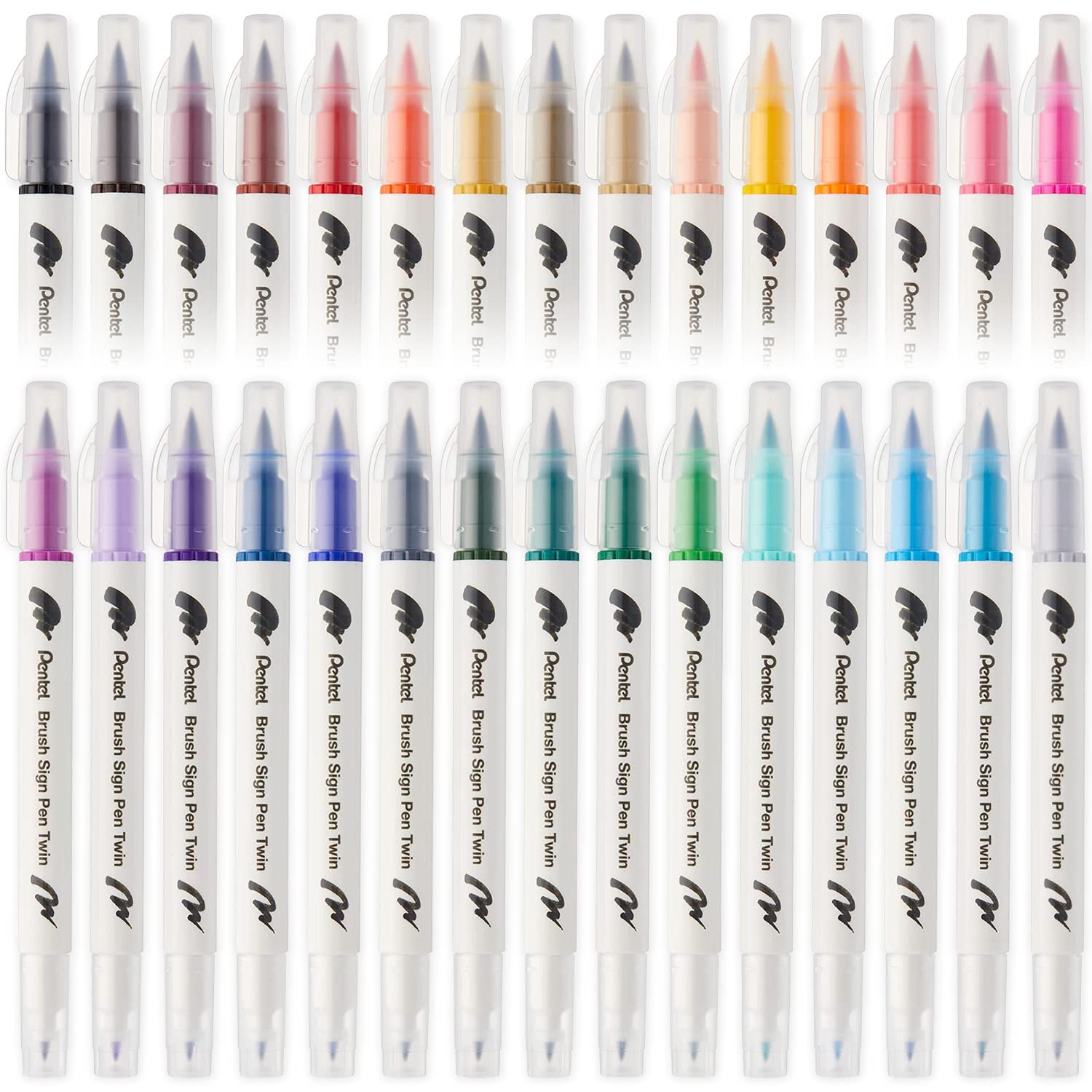 Pentel SESW30C Brush Sign Pen Twin Fibre Tip Pen - Double Ended - Water-based Ink - Pack of 30 Pens - Range Set