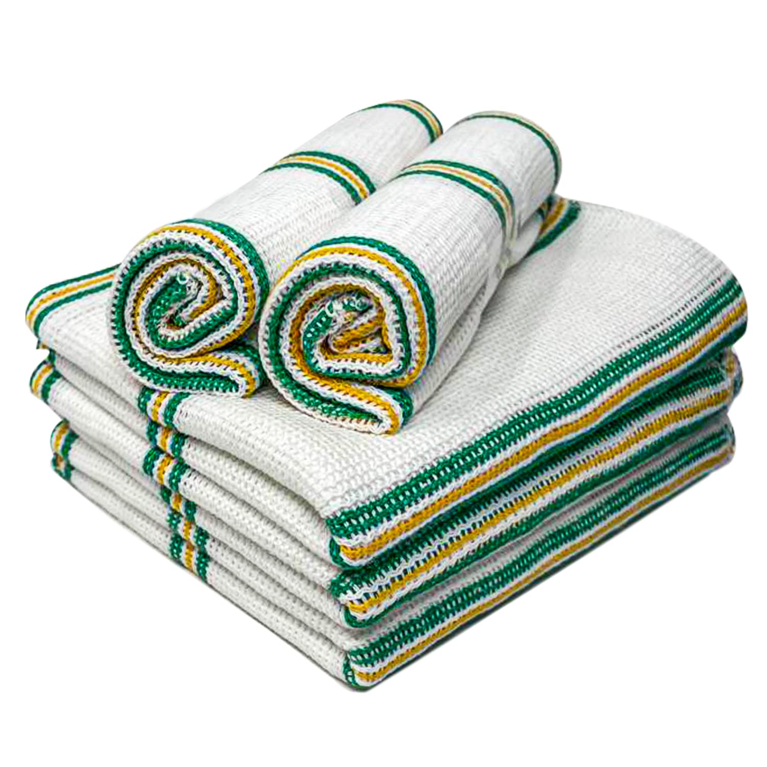 Towelogy® 10 Pack Cotton Dish Cloths Waffle Weave White Super Absorbent LINT FREE QUICK DRY Striped Kitchen Tea Towels Dishcloths for Washing Up Machine Washable 35x40cm (White Green/Yellow Stripes)