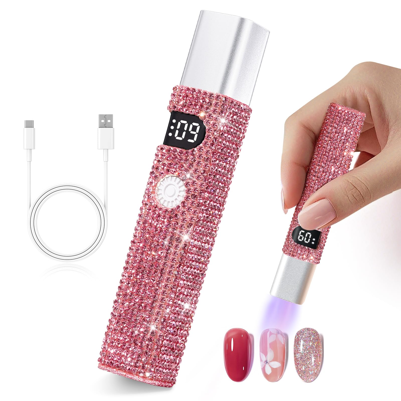 Photo 1 of CHRISTINE SHELLY Handheld UV Light Mini LED Cordless Nail Lamp for Gel Nail Polish Portable Rechargeable USB Nail Dryer with LCD Display Fast Curing Home DIY Pink Diamond