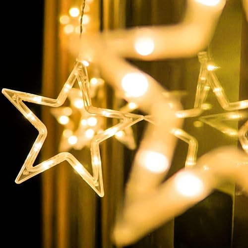 Star Curtain Lights - 12 Stars 138 LED Window Lights With Remote, 8 Modes, Waterproof, Connectable For Christmas