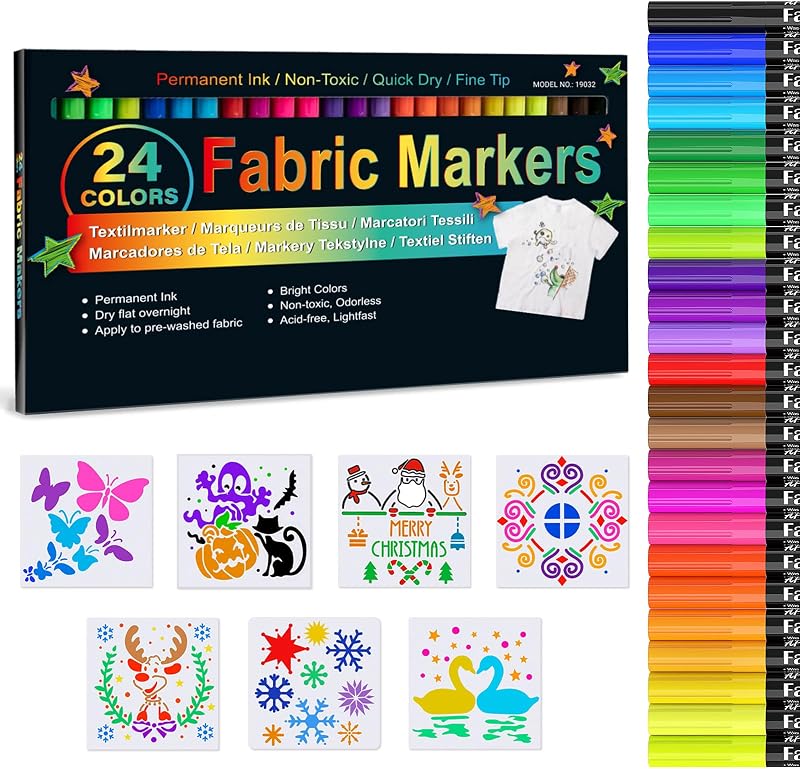 APOGO 24 Fabric Pens & 7 Stencils - Permanent Textile Markers Set
