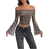 MakeMeChic Women's Y2K Fall Cheetah Print Crop T-Shirt Off The Shoulder Long Sleeve Tops