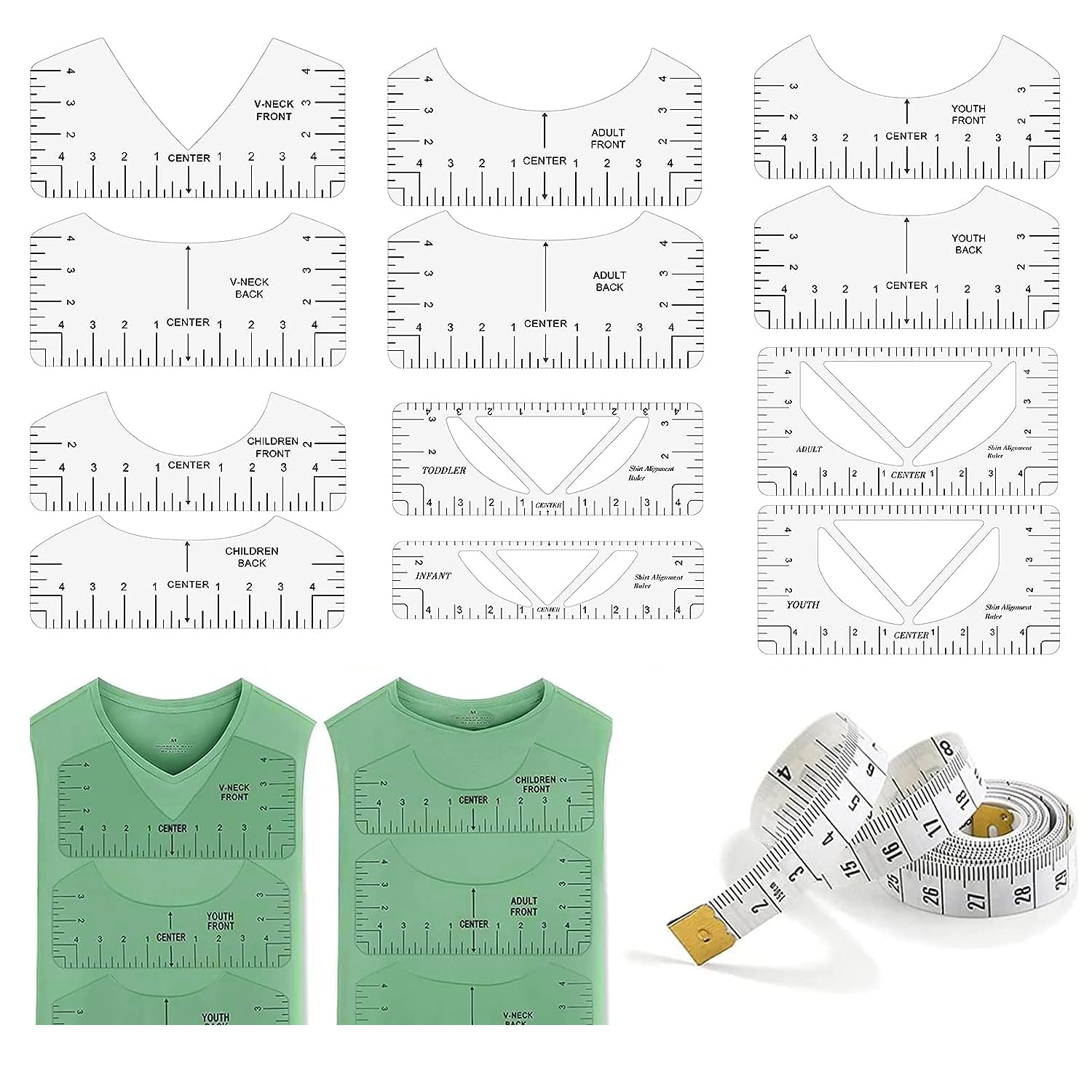 T-Shirt Ruler Guide 12 Pack PVC T Shirts Alignment Tool with Clothing Size Chart DIY Tees Measuring Tool Template Transparent Ruler Suitable Used for Sewing Design Handmade
