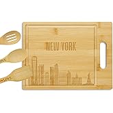 New York City Skyline Gifts Bamboo Cutting Board with Wooden Spoon, NYC Gifts for NYC Lovers, Skyline Map Kitchen Gift for Christmas, Mother's Day - 11.4 x 8.6