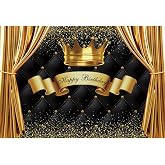 Leyiyi 5x4ft Black and Gold Happy Birthday Backdrop Royal Gold Crown Golden Dots Photography Background Gold Crown Curtain Black Headboard Baby Kids Birthday Backdrop Kids Portrait Photo Props