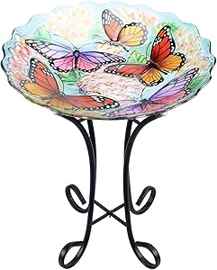 MUMTOP Outdoor Glass Birdbath with Metal Stand for Lawn Yard Garden Butterfly Decor, 18” Dia 21.65” Height