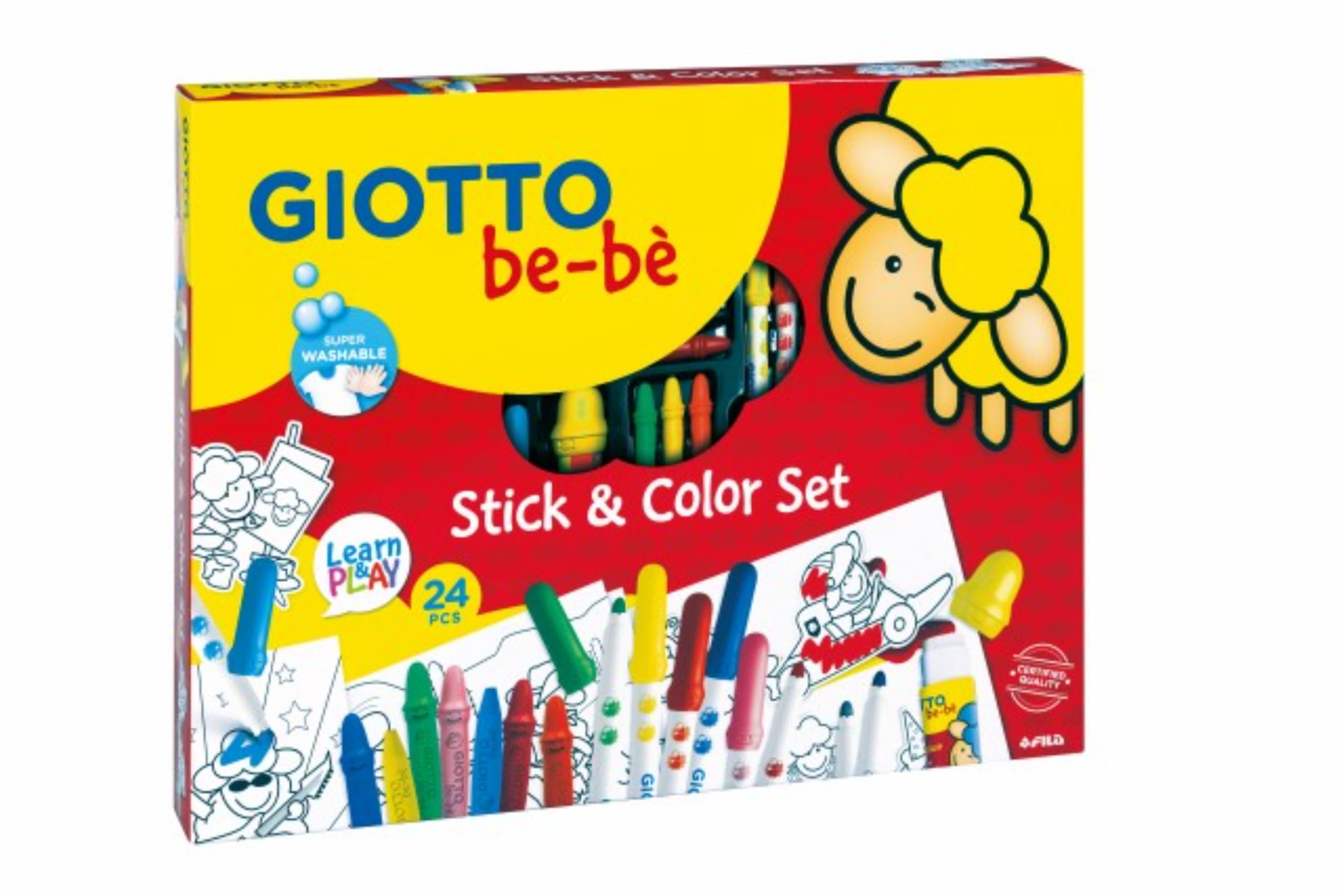 GIOTTO be-bè 1st Stick & Colour Set for Young Children, Colouring Felt Tips/Wax Crayons/Template Cards, Assorted Colours, Super Washable, For School & Home