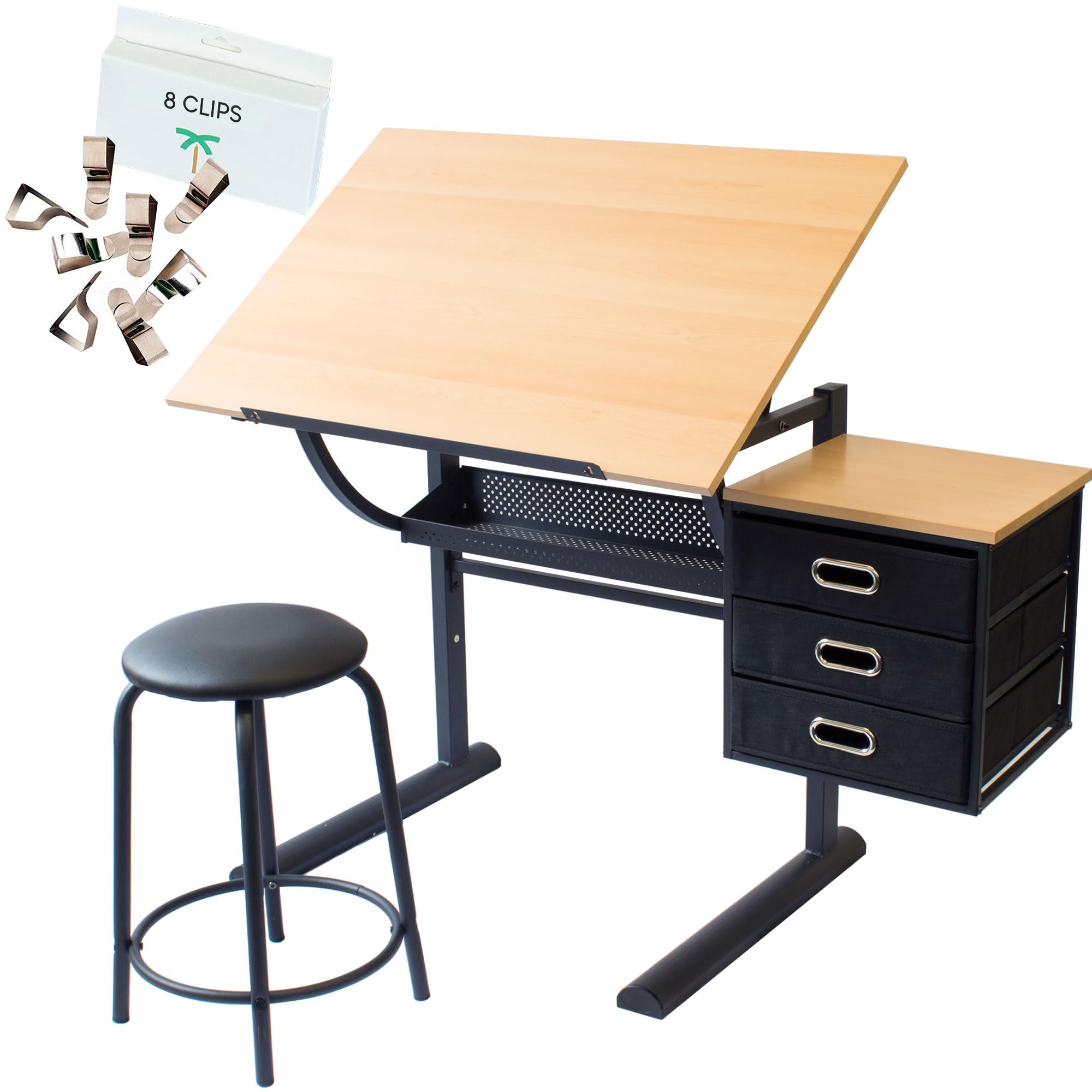 Stationery Island Drawing Table Caye - Art and Crafts Desk - Height Adjustable Artist Drafting Table - Tiltable - Storage, Stool & Clips - For Graphic Design, Drawing, Painting, Work & Study