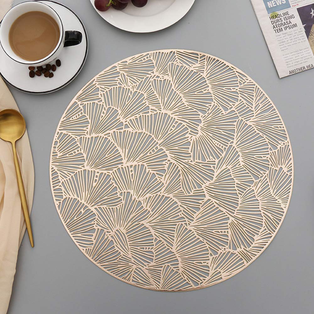 Hosoncovy 4 Pack Ginkgo Biloba Decorative Placemats Round PVC Heat Resistant Non-slip Dining Leaf Placemats for Home Kitchen (Gold)