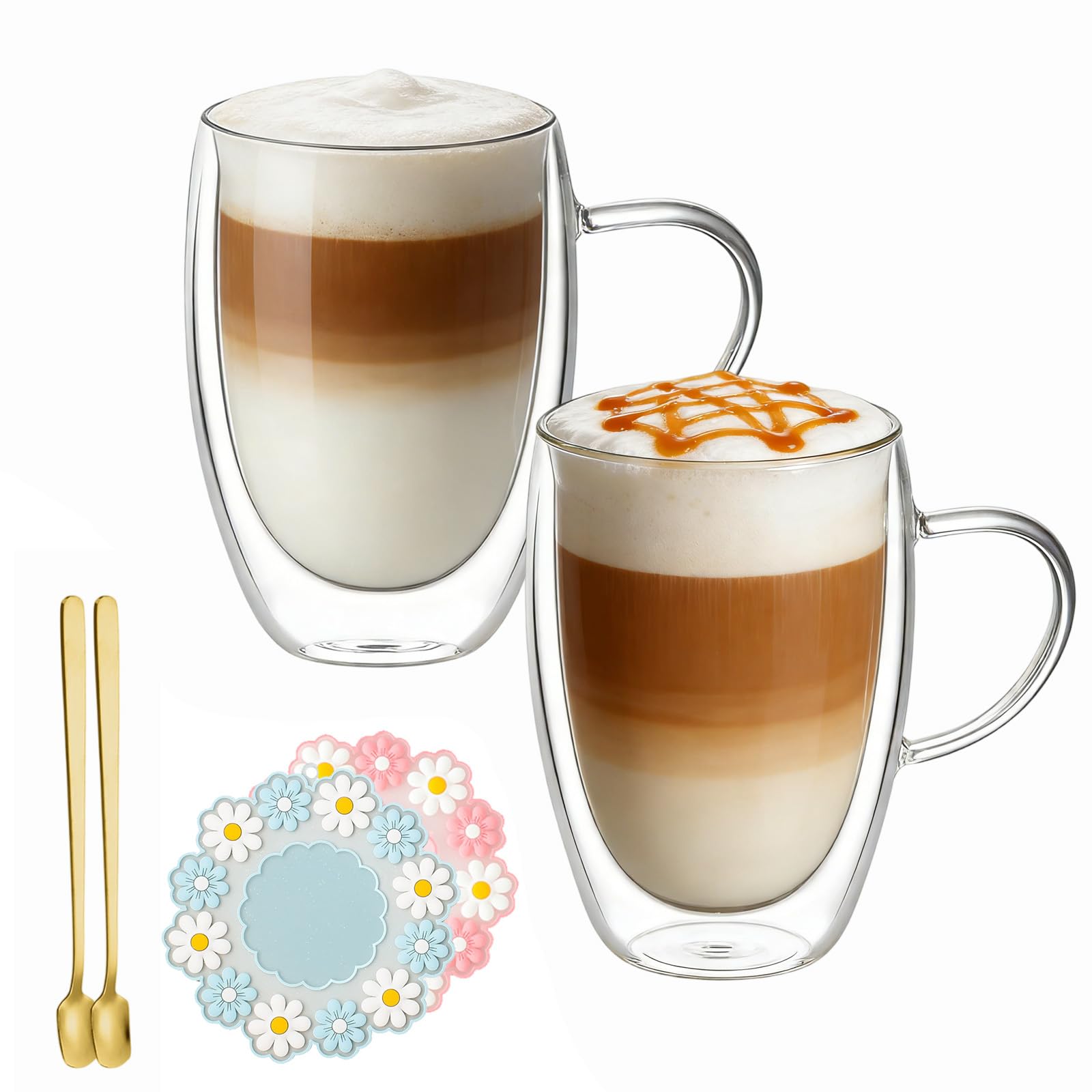 Goldmeet 450ml x 2 Double Walled Glass Mugs for Hot Drinks with Handles, Spoon and Insulation Pad, Reusable Coffee Cup, Hot Chocolate Mug, Latte Tea Cappuccino Cups, Clear Coffee Mugs, Dishwasher Safe