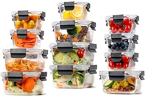 EasyWare JUEGO DE RECIPIENTES DE VIDRIO HERMÉTICO, CONTENEDORES Para Alimentos con Tapas Cierre Fácil, Refractarios para Cocina, Horno, Refrigerador Congelador (JUEGO 12 RECIPIENTES (24PZ))