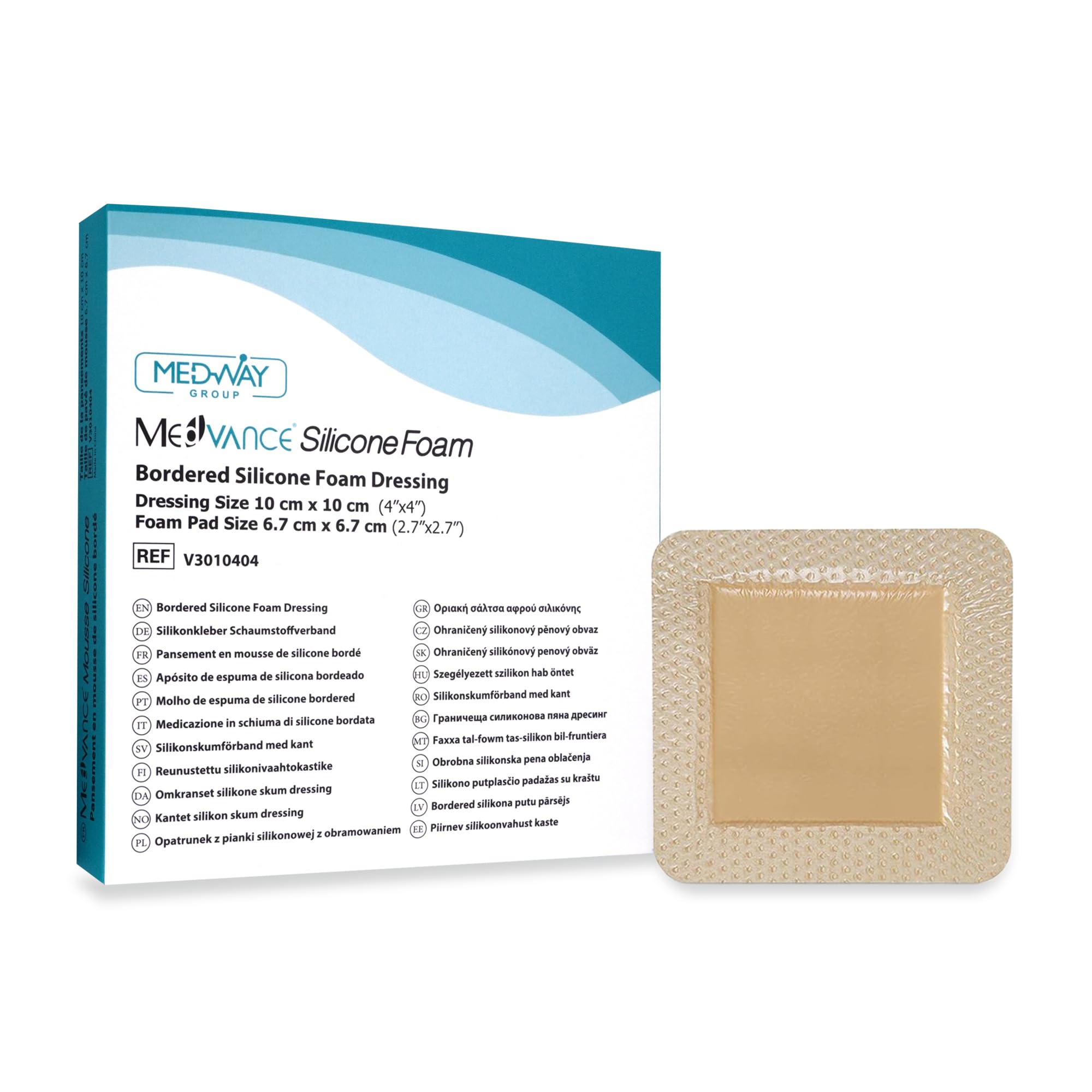 MedVance TM Silicone - Bordered Silicone Adhesive Foam Dressing Size 4"x4" (2.7"x2.7" pad), Box of 5 dressings
