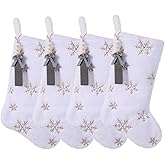 TWSANTAMAS 4PCS White Plush Christmas Stockings, 18 Inch Sequin Embroidered Snowflake Fireplace Hanging Stockings Set with Name Tags for Family Holiday Xmas Party Decorations(Gold Snowflake)