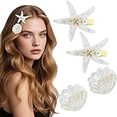 KAKUPPA 4 Pack Seashell Hair Clip Set Mermaid Hair Accessories Starfish Hair Clips for Women Ladies Girls Beach Wedding Party Headdress Alligator Clips Pack Pearls Acrylic Resin Gold