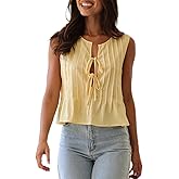 Women Front Tie Tank Top Y2K Sleeveless Crew Neck Frill Shirred Ruffle Peplum Flowy Shirt Pleated Going Out Tops