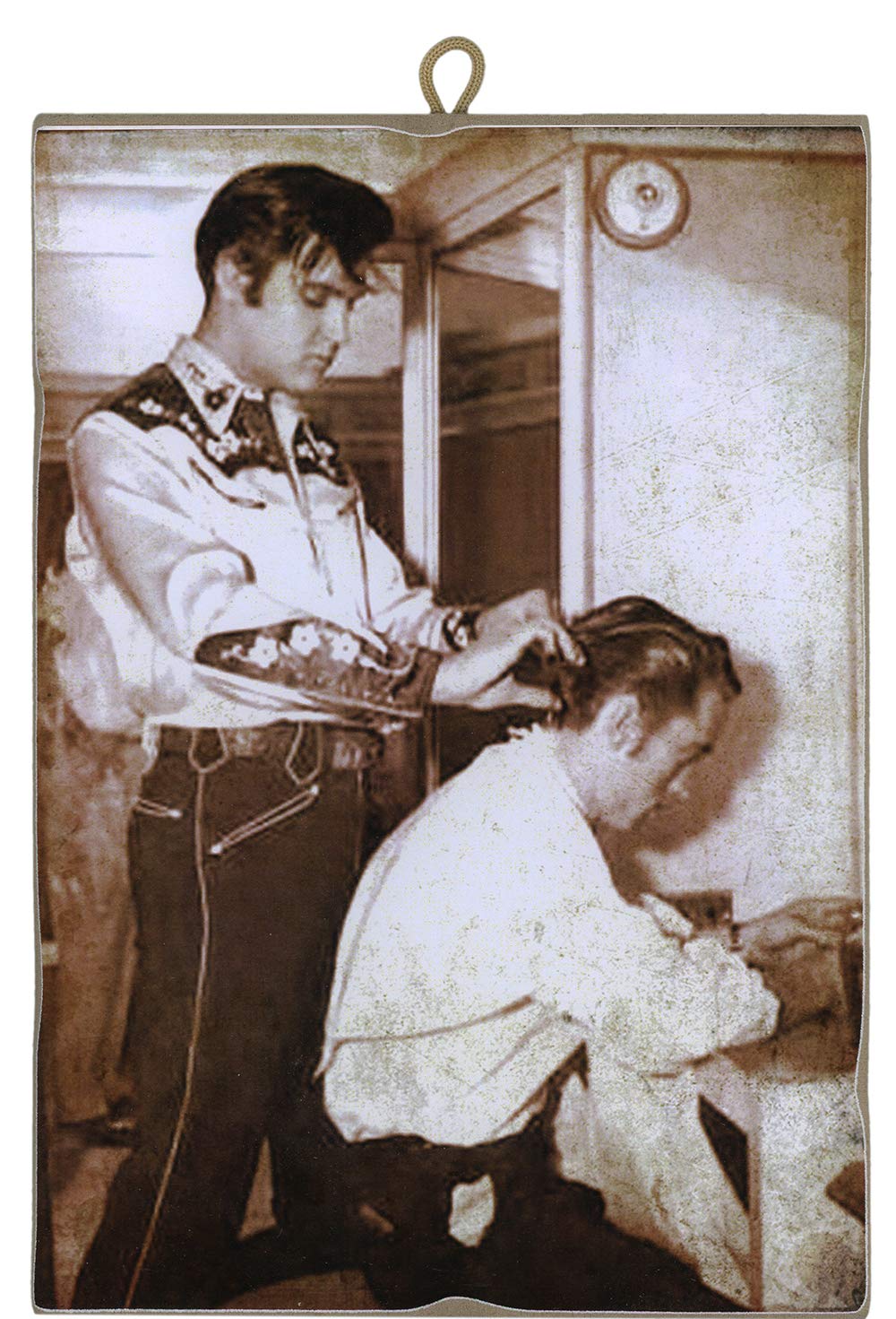 Picture Vintage Style Elvis Presley Cuts Your Hair at Johnny Cash Collectible Print on Wood Gift Idea Nome articolo (titolo)