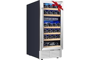 BODEGA 15 Inch Wine Cooler Under Counter, 28 Bottle Dual Zone Wine Fridge, with Double-Layer Glass Door, Temperature Memory and Digital Temperature Control, Built-in or Freestanding