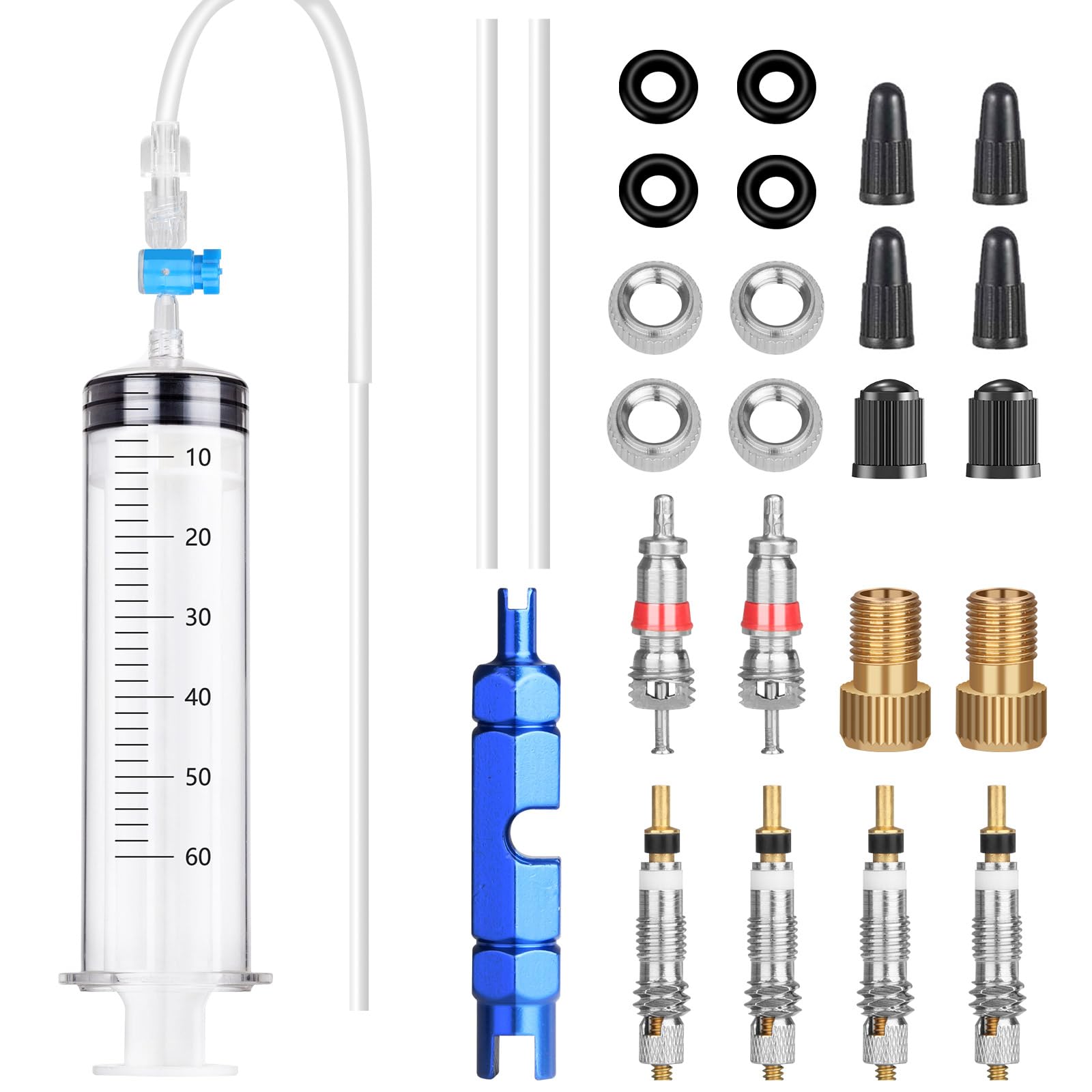 CEVILLAE Tubeless Sealant Injector, 60ml Bicycle Tubeless Tyre Sealant Injector Syringe Kit with Syringe switch, Schrader Presta Valve Core Removal Tool, Bicycle Valve Adapter, Valve Core, Valve Cap