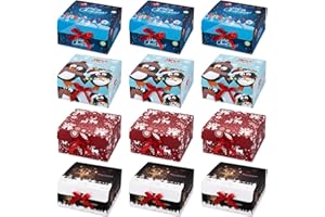 ARTLYMERS Christmas Gift Boxes with Lids, 12 Pack Gift Boxesand Red Ribbon Christmas Themed Pattern Small Gift Boxes for Christmas Presents Gifts Easy Assemble